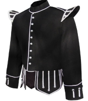 GPC-1050B. Piper Doublet, Black 100% Melton wool body White piping trim 8 button front closure Black nylon / silk blend full lining 2 inch standup collar 28 removable medium silver thistle buttons