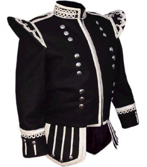 GPC-1051. Pipe Band Doublets Black 100% Melton wool body, White piping, 18 button front zip closure, Silver braid trim, Scrolling silver trim on collar, cuffs,