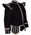 GPC-1052. Pipe Band Doublets Black 100% Melton wool body, White piping, 8 button front closure, Silver braid trim, Black nylon / silk blend full lining, Padded shoulders, Pockets under front skirts,