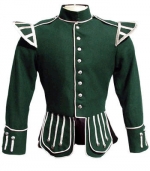 GPC-1053.  Military Pipe Band Doublet, Green 100% Melton wool body * White piping * 8 button front closure * Silver braid trim * Black nylon / silk blend full lining * Padded shoulders