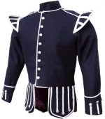 GPC-1054. Pipe Band Doublet Navy Blue 100% Melton wool body, White piping trim, 8 button front closure, Black nylon / silk blend full lining, 2 inch standup collar, 26 large silver thistle buttons,