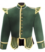 GPC-1054A. Military Pipe Band Doublet, Green 100% Melton wool body * White piping * 8 button front closure * Gold braid trim * Black nylon / silk blend full lining * Padded shoulders
