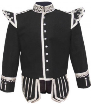 GPC-1054B. Pipe Band Doublet, Black 100% Melton wool body White piping 8 button front closure Silver braid trim Scrolling silver trim on collar, cuffs