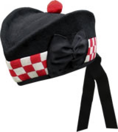 Highland Glengarry, Black Color, red & white dicing  with red or white pom pom, any size.