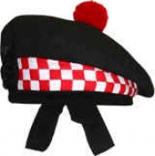 GPC-1073/n. Highland Balmorals, Black Color, red & white dicing  with red or white pom pom, any size