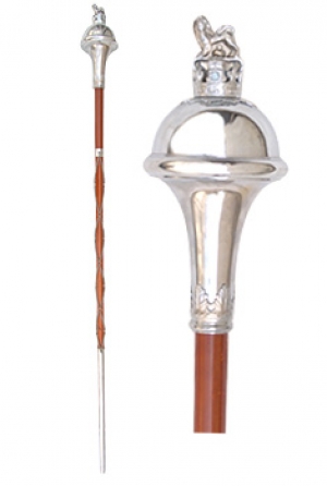GPC-1093. Marching Stick  Malacca Cane with chain and chrome plated Lion/Crown head at top (Mace) 54
