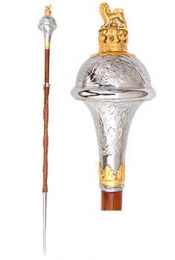 GPC-1095.  Marching Stick, Surmounted with Lion & Crown, Fitted with Gilt Chain strapping  and Ferrule plated. 54