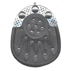 Sporran is made of genuine leather ( black ), nickel plated brass cantle with Celtic design, and studded shield design on the front.