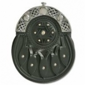 Sporran is made of genuine leather (black), nickel plated brass cantle with Celtic design, and studded shield design on the front.  Chain sporran belt included.