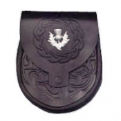 Leather Sporran Celtic Embossed with Badge. with chain leather straps to suit adult men.