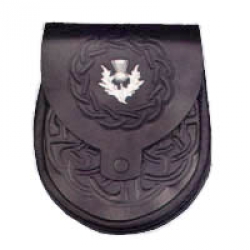 Leather Sporran Celtic Embossed with Badge. with chain leather straps to suit adult men.