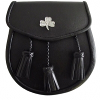 Irish Shamrock Sporran Good Quality Smooth leather Opens with a stud and flap at the front 3 leather tassels