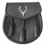 Stag Head Sporran Good Quality Smooth leather  Opens with a stud and flap at the front 3 leather tassels