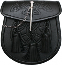 black smooth leather embossed with a Celtic pattern. It has 3 leather tassels and a metal loop and pin closure on the flap,